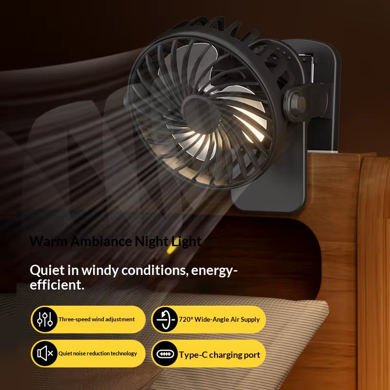 Portable Rechargeable Clip Fan 720° Rotatable Hanging Fan with Night Light Air Cooler for Outdoor Camping Ventilador