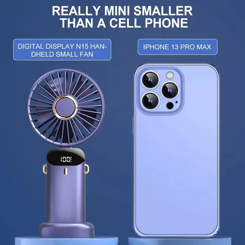 Portable Handheld Mini Fan Foldable Neck Hanging Fans 5 Speed USB Rechargeable Fan with Phone Stand and Display Screen 1800Mah