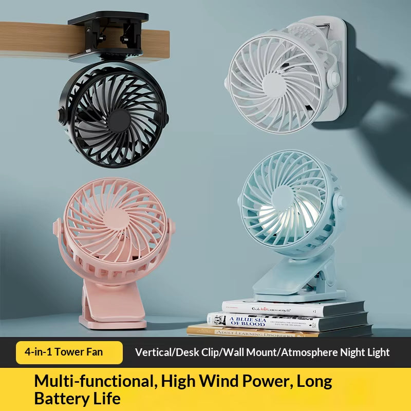 Portable Rechargeable Clip Fan 720° Rotatable Hanging Fan with Night Light Air Cooler for Outdoor Camping Ventilador