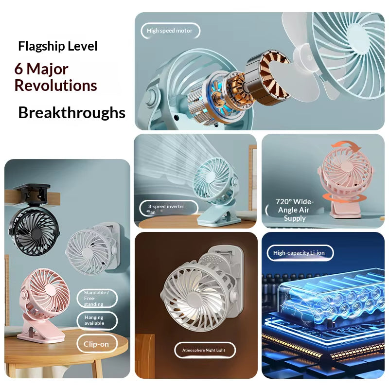 Portable Rechargeable Clip Fan 720° Rotatable Hanging Fan with Night Light Air Cooler for Outdoor Camping Ventilador